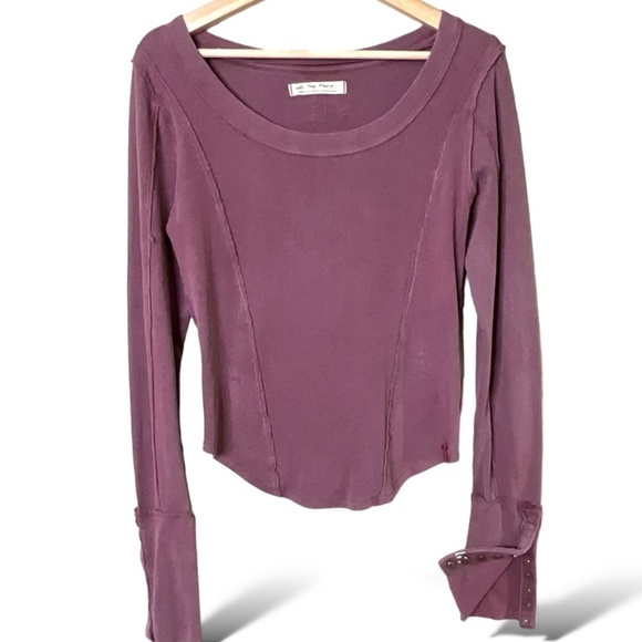 WE THE FREE Cotton Stuck On You Cuff Scoop Neck Top Raw Seams Dusty Rose US Sz L - Picture 3 of 10